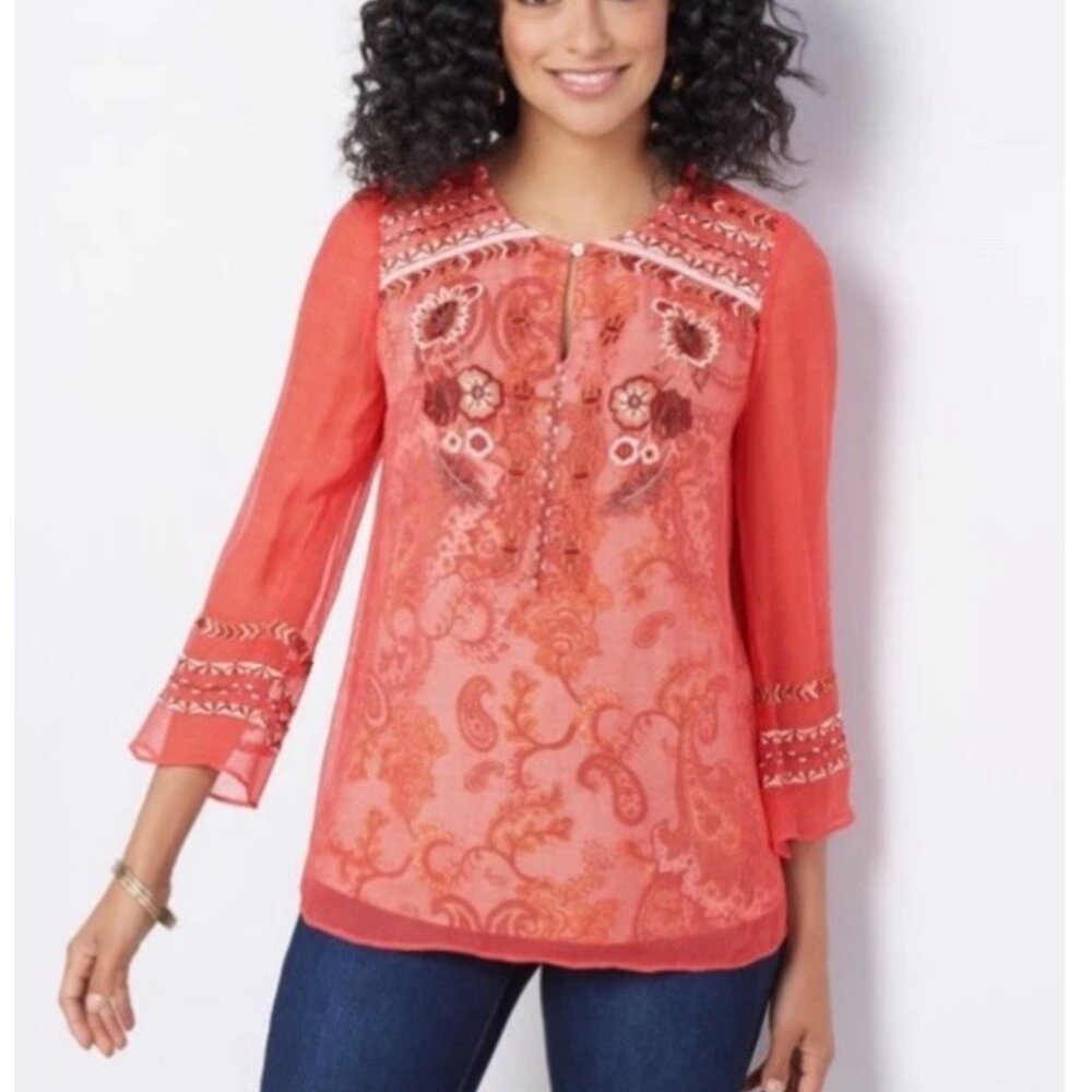 Soft Surroundings Women's Coral Embroidered Samara Tunic Top Size XLP